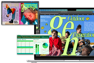 Diversas pantallas muestran las apps InDesign y Numbers para demostrar el rendimiento del MacBook Air de 13 pulgadas con el chip M4