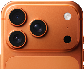 iPhone 17 Pro, vista parcial de la parte trasera en naranja cósmico, sistema de cámaras Pro en la esquina superior izquierda, 3 lentes, micrófono, flash
