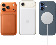 iPhone 17 Pro, parte posterior, color naranja cósmico, con una cartera de FineWoven con MagSafe en naranja zorro; iPhone Air, parte posterior, color oro claro, con la batería Magsafe; iPhone 17, parte posterior, color azul neblina, con funda de silicón color azul ancla y cargador MagSafe