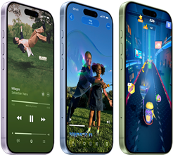 Dispositivos iPhone 17, parte frontal, parte lateral, que muestran Apple Music, inteligencia visual, juegos, botones: Botón de Acción, volumen