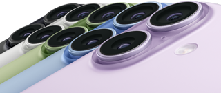 iPhone 17, parte trasera, sistema de dos cámaras Fusion, los cinco colores se superponen: negro, blanco, salvia, azul neblina y lavanda