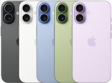 iPhone 17, parte trasera, sistema de dos cámaras Fusion, los cinco colores se superponen: negro, blanco, azul neblina, salvia y lavanda