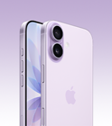 iPhone 17, color lavanda, parte trasera en ángulo, sistema de dos cámaras Fusion en la parte superior izquierda, botón de Control de la Cámara, parte frontal, diseño todo pantalla, Botón de Acción, botones de volumen, y botón lateral