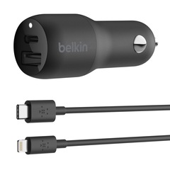 Cargador para auto USB-C y USB-A Belkin BOOSTCHARGE de 37 W con cable Lightning a USB-C